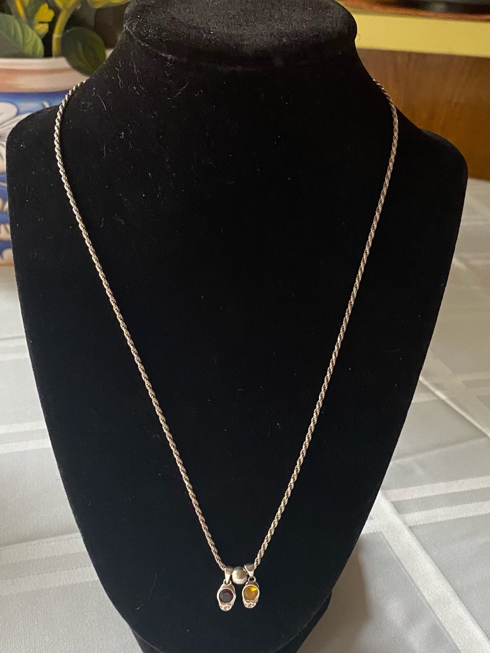 Sterling Silver Rope Chain Necklace with Garnet and Citrine Drop Pendants